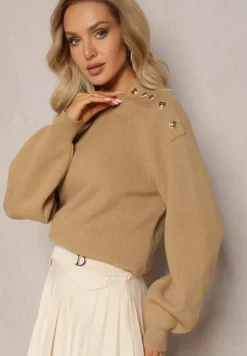 Beżowy Sweter Dzianinowy z Długim Rękawem i Guzikami Kithi