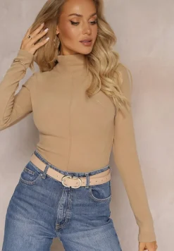 Beżowy Sweter Golf z Ozdobnym Przeszyciem Dayshawn