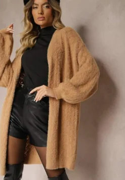 Beżowy Sweter o Długim Fasonie z Dekoltem V i Ozdobnym Splotem Jovima