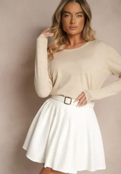 Beżowy Sweter z Dodatkiem Kaszmiru Ozdobiony Ściągaczami Sanadora