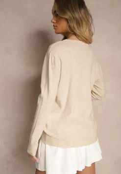 Beżowy Sweter z Dodatkiem Kaszmiru Ozdobiony Ściągaczami Sanadora