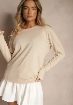 Beżowy Sweter z Dodatkiem Kaszmiru Ozdobiony Ściągaczami Sanadora