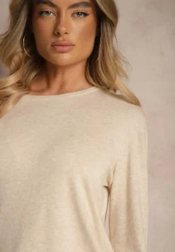 Beżowy Sweter z Dodatkiem Kaszmiru Ozdobiony Ściągaczami Sanadora
