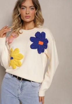 Beżowy Sweter z Dodatkiem Wiskozy Ozdobiony Kwiatami 3D Nanivia