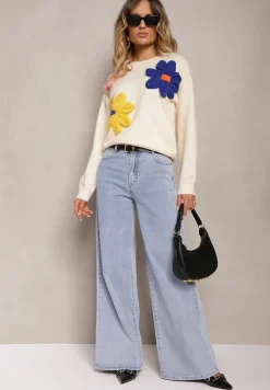 Beżowy Sweter z Dodatkiem Wiskozy Ozdobiony Kwiatami 3D Nanivia