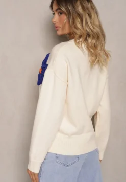 Beżowy Sweter z Dodatkiem Wiskozy Ozdobiony Kwiatami 3D Nanivia