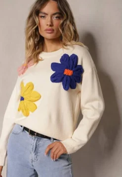 Beżowy Sweter z Dodatkiem Wiskozy Ozdobiony Kwiatami 3D Nanivia