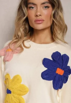 Beżowy Sweter z Dodatkiem Wiskozy Ozdobiony Kwiatami 3D Nanivia