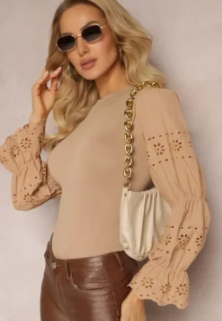 Beżowy Sweter z Ozdobnym Haftem i Ażurowym Rękawem Anulika