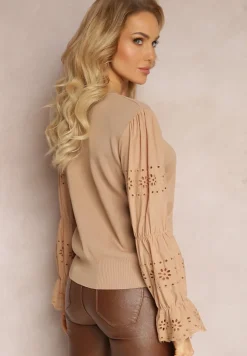Beżowy Sweter z Ozdobnym Haftem i Ażurowym Rękawem Anulika