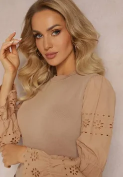 Beżowy Sweter z Ozdobnym Haftem i Ażurowym Rękawem Anulika