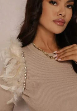 Beżowy Sweter z Piórami i Koralikami Kaese