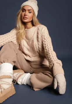 Beżowy Sweter z Wełną i Bawełną w Warkoczykowy Splot Kestina
