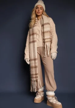 Beżowy Sweter z Wełną i Bawełną w Warkoczykowy Splot Kestina