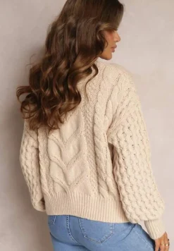 Beżowy Sweter z Wełną i Bawełną w Warkoczykowy Splot Kestina