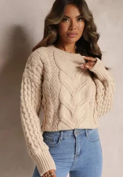 Beżowy Sweter z Wełną i Bawełną w Warkoczykowy Splot Kestina
