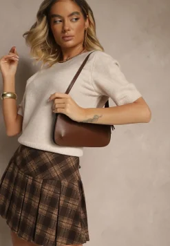 Beżowy Sweter z Wełną Krótkim Rękawem Ozdobiony Ściągaczami Emiralin