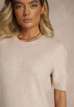 Beżowy Sweter z Wełną Krótkim Rękawem Ozdobiony Ściągaczami Emiralin
