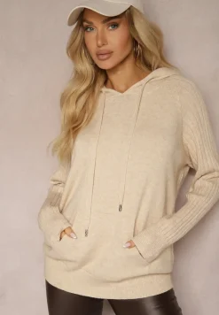 Beżowy Sweter z Wiskozą i Kaszmirem oraz z Kapturem Nerolin