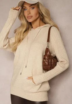 Beżowy Sweter z Wiskozą i Kaszmirem oraz z Kapturem Nerolin