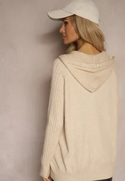 Beżowy Sweter z Wiskozą i Kaszmirem oraz z Kapturem Nerolin