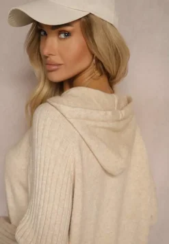 Beżowy Sweter z Wiskozą i Kaszmirem oraz z Kapturem Nerolin