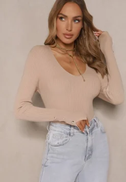 Beżowy Sweter z Wiskozą Ozdobiony Aplikacjami przy Rękawach Sonirita