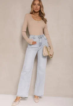 Beżowy Sweter z Wiskozą Ozdobiony Aplikacjami przy Rękawach Sonirita