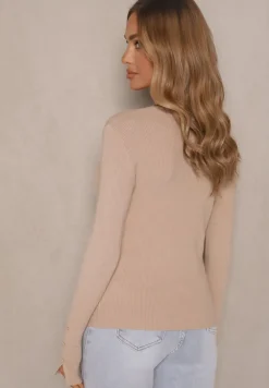 Beżowy Sweter z Wiskozą Ozdobiony Aplikacjami przy Rękawach Sonirita