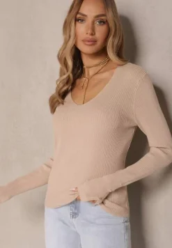 Beżowy Sweter z Wiskozą Ozdobiony Aplikacjami przy Rękawach Sonirita