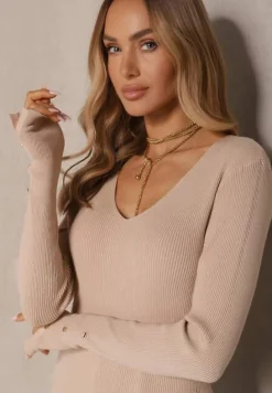 Beżowy Sweter z Wiskozą Ozdobiony Aplikacjami przy Rękawach Sonirita