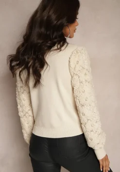 Beżowy Sweter z Wiskozą z Ozdobnymi Rękawami z Koronki z Cekinami Tilitana