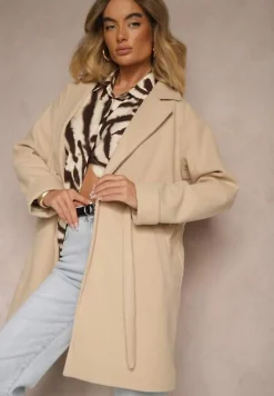 Beżowy Szlafrokowy Płaszcz z Wiązanym Paskiem i Ozdobnym Marszczeniem w Pasie Pittia