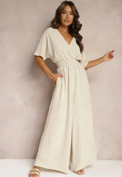 Beżowy Taliowany Kombinezon z Zakładkowym Dekoltem i Gumką w Pasie Vimalynna