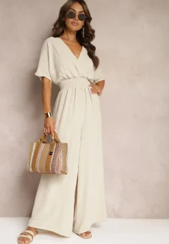 Beżowy Taliowany Kombinezon z Zakładkowym Dekoltem i Gumką w Pasie Vimalynna