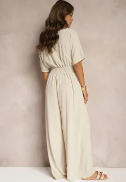 Beżowy Taliowany Kombinezon z Zakładkowym Dekoltem i Gumką w Pasie Vimalynna