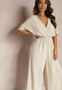 Beżowy Taliowany Kombinezon z Zakładkowym Dekoltem i Gumką w Pasie Vimalynna