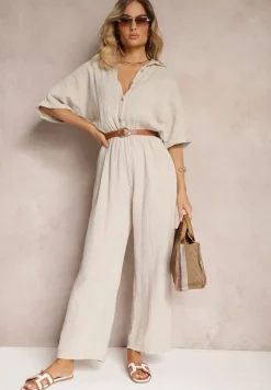 Beżowy Taliowany Kombinezon z Bawełny Góra w Formie Koszuli oraz Luźne Spodnie Namsorin