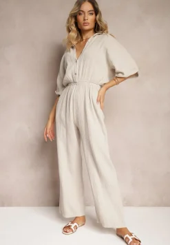 Beżowy Taliowany Kombinezon z Bawełny Góra w Formie Koszuli oraz Luźne Spodnie Namsorin