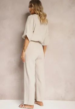 Beżowy Taliowany Kombinezon z Bawełny Góra w Formie Koszuli oraz Luźne Spodnie Namsorin