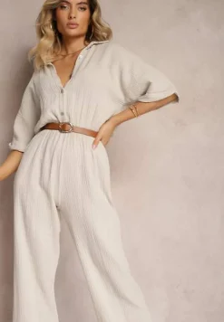 Beżowy Taliowany Kombinezon z Bawełny Góra w Formie Koszuli oraz Luźne Spodnie Namsorin