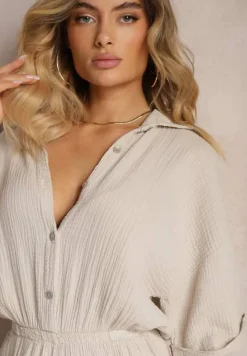 Beżowy Taliowany Kombinezon z Bawełny Góra w Formie Koszuli oraz Luźne Spodnie Namsorin