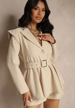 Beżowy Taliowany Kombinezon Imitujący Garnitur z Paskiem i Cyrkoniami Milazi