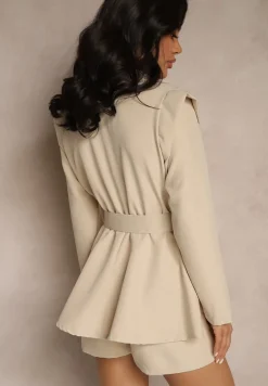 Beżowy Taliowany Kombinezon Imitujący Garnitur z Paskiem i Cyrkoniami Milazi