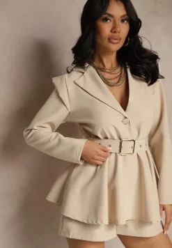 Beżowy Taliowany Kombinezon Imitujący Garnitur z Paskiem i Cyrkoniami Milazi