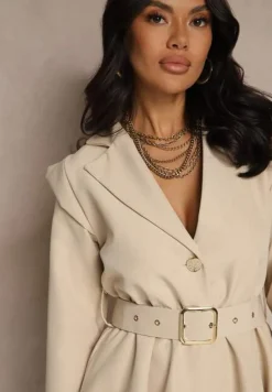 Beżowy Taliowany Kombinezon Imitujący Garnitur z Paskiem i Cyrkoniami Milazi