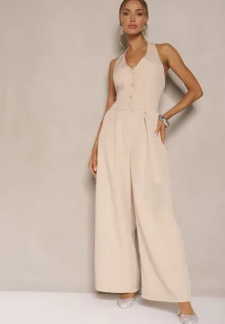 Beżowy Taliowany Kombinezon z Guzikami Nilaviella