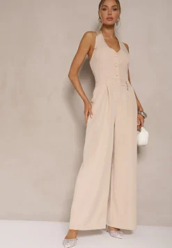 Beżowy Taliowany Kombinezon z Guzikami Nilaviella