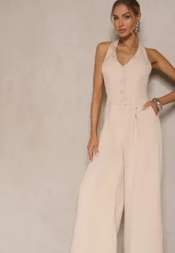 Beżowy Taliowany Kombinezon z Guzikami Nilaviella