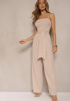 Beżowy Taliowany Kombinezon z Paskiem Desine